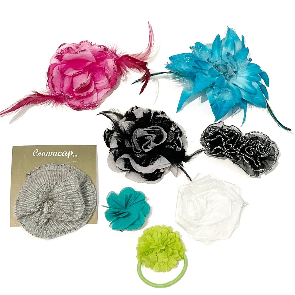 Y2K Fabric Flower Floral Pins Lot Hairpieces Brooch 2000s Pink Blue Green Black